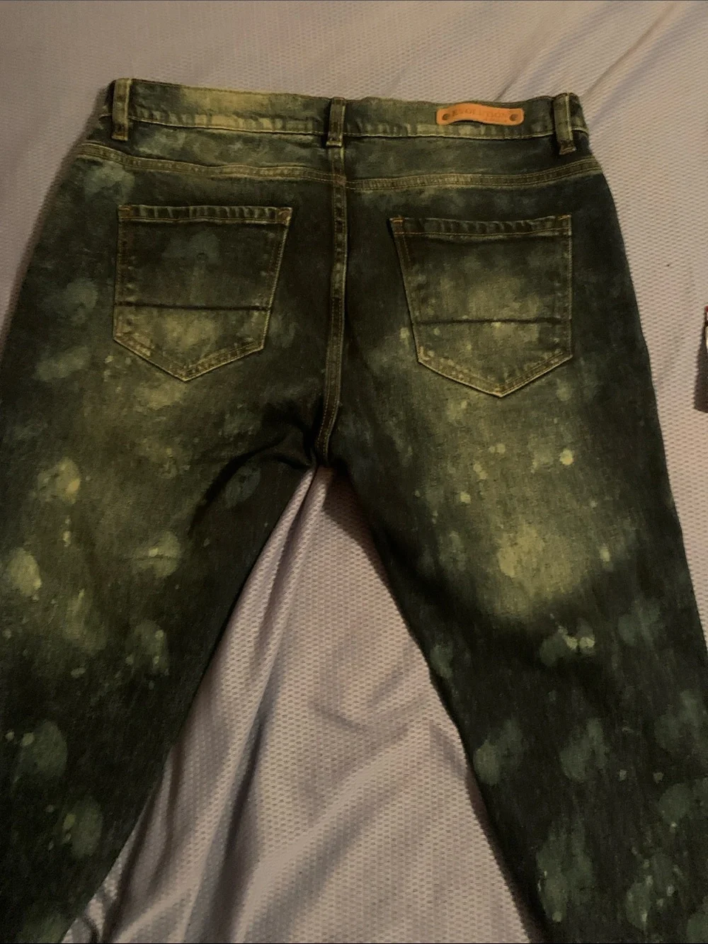 Men's Skinny Distressed Jeans in Dark Blue with Bleach Accents